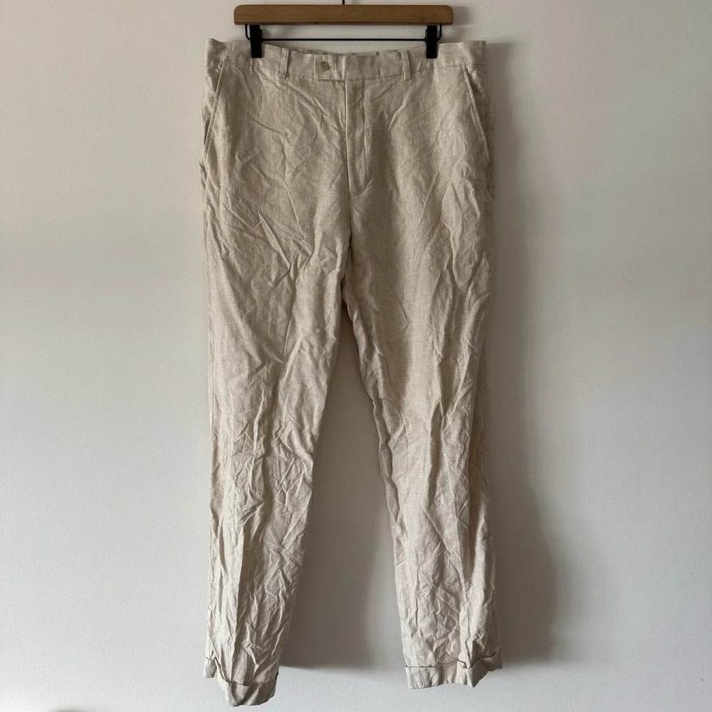 Avanti Uomo 100% Linen Pants Beige Men's SZ 36 Resort Minimalist Preppy WRINKLED